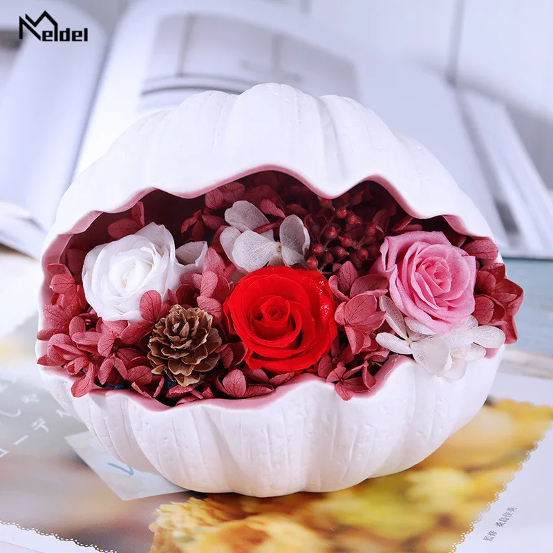 

Immortal Fresh Rose in Shell Valentines Day Birthday Gift Eternal Rose Hydrangea Dried Flowers Home Desk Ornament Forever Flores