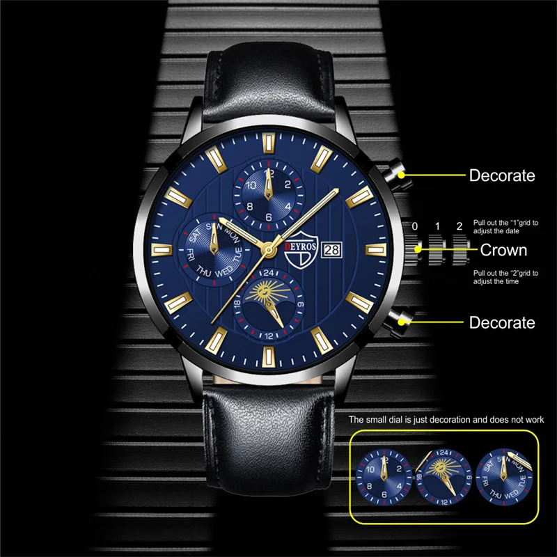 relogio Brand Men Wrist Watch Blue Leather Quartz Sports Casual Male Luminous Clock Fashion Men\'s  Luxury Watches часы мужские