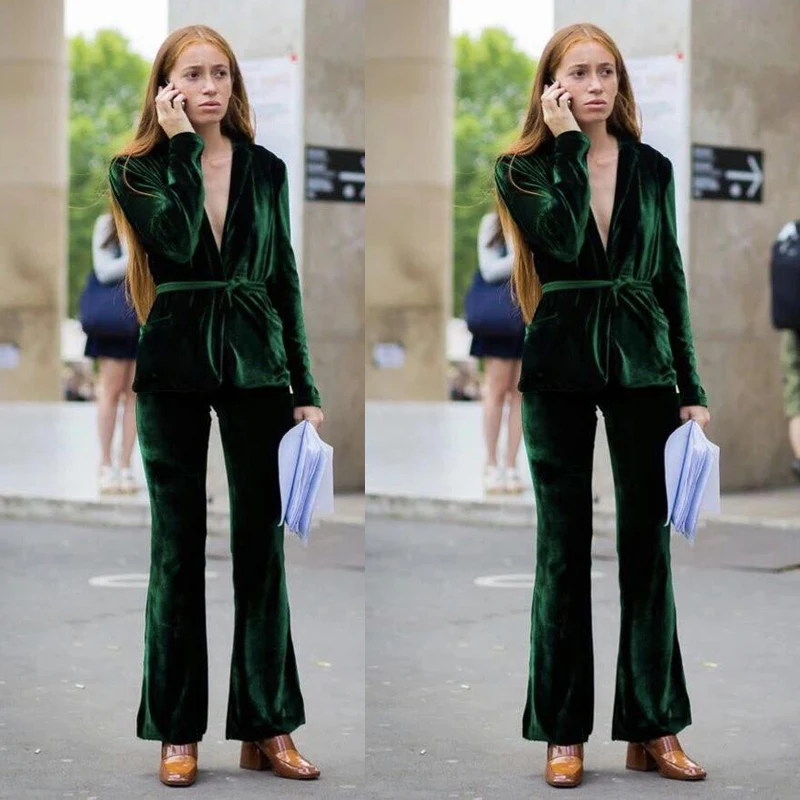 2022 Best Velvet Jacket For Female Wedding Guests Wear Green Women Business Formal Work Tuxedos 2 Piece Sets Office Uniform