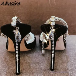 Abesire Black Pink Ankle Strap Crystal Sandals Women Chain Decor Rhinestone High Heels Shoes On Heels Stilettos Pumps For Women