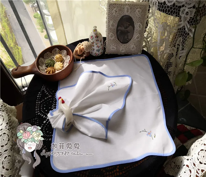 Blue edging hand-embroidered white square napkin napkin cloth cover fold flower mouth cloth