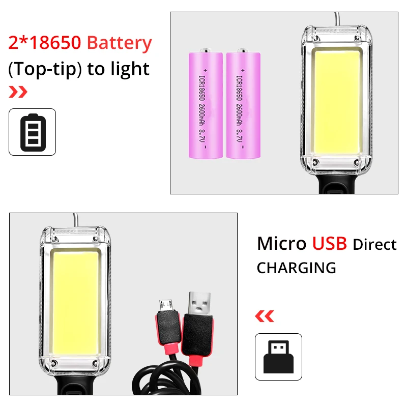 차량용 방수 휴대용 랜턴 LED 작업등 후크 자석 캠핑 램프, COB USB 충전식 18650 손전등 토치, 5200mAh