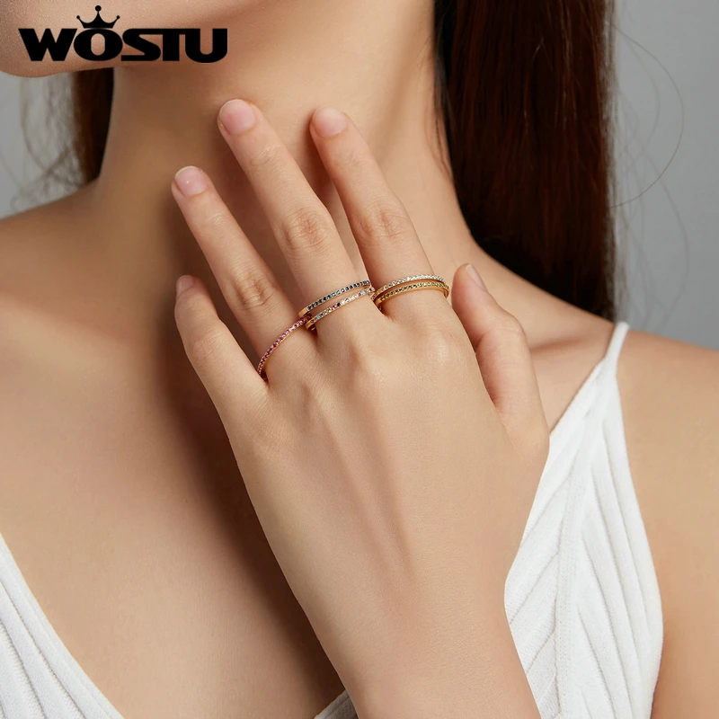 WOSTU 925 Sterling Silver Stackable Finger Rings Simple Colorful Zircon Rings For Women Eternity Bands Daily Wear Jewelry Gift