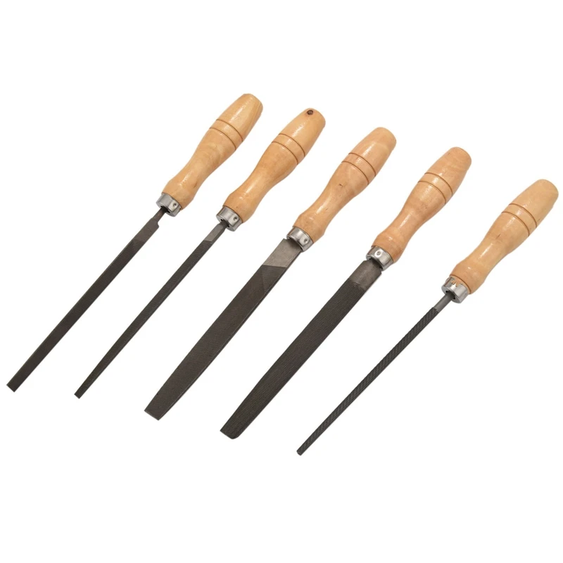 High Carbon Steel File Set with Wooden Handles Rasp File for Wood, Metal, Plastic, 5 Pieces (Steel File)