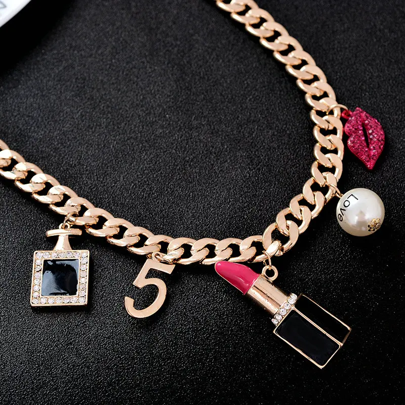 Trendy heavy metal chian choker necklace for women rose crystal kiss party jewelry outlet cheap wholesale