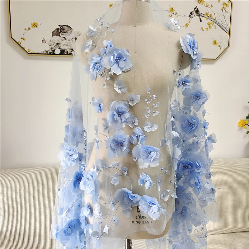 Color 3D Flower Beading Fabric 3D Handmade Pearl Flower Mesh Embroidery Dress Lace Fabric