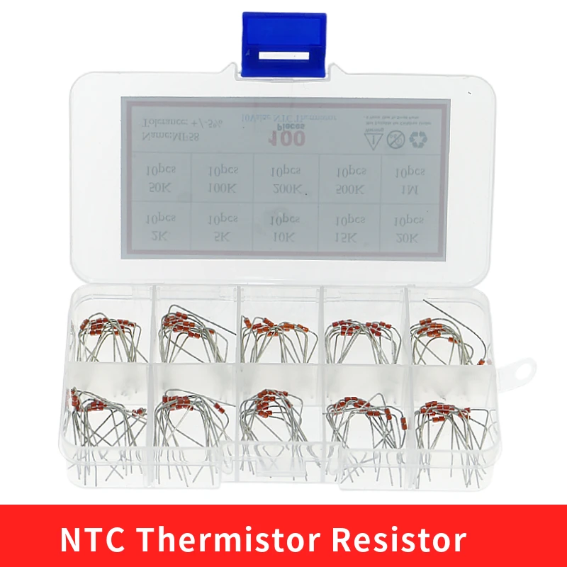 100pcs=10value*10pcs NTC Thermistor Resistor Kit NTC-MF58 2K 5K 10K 15K 20K 50K 100K 200K 500K 1M Temperature sensor +/-5% 3950B