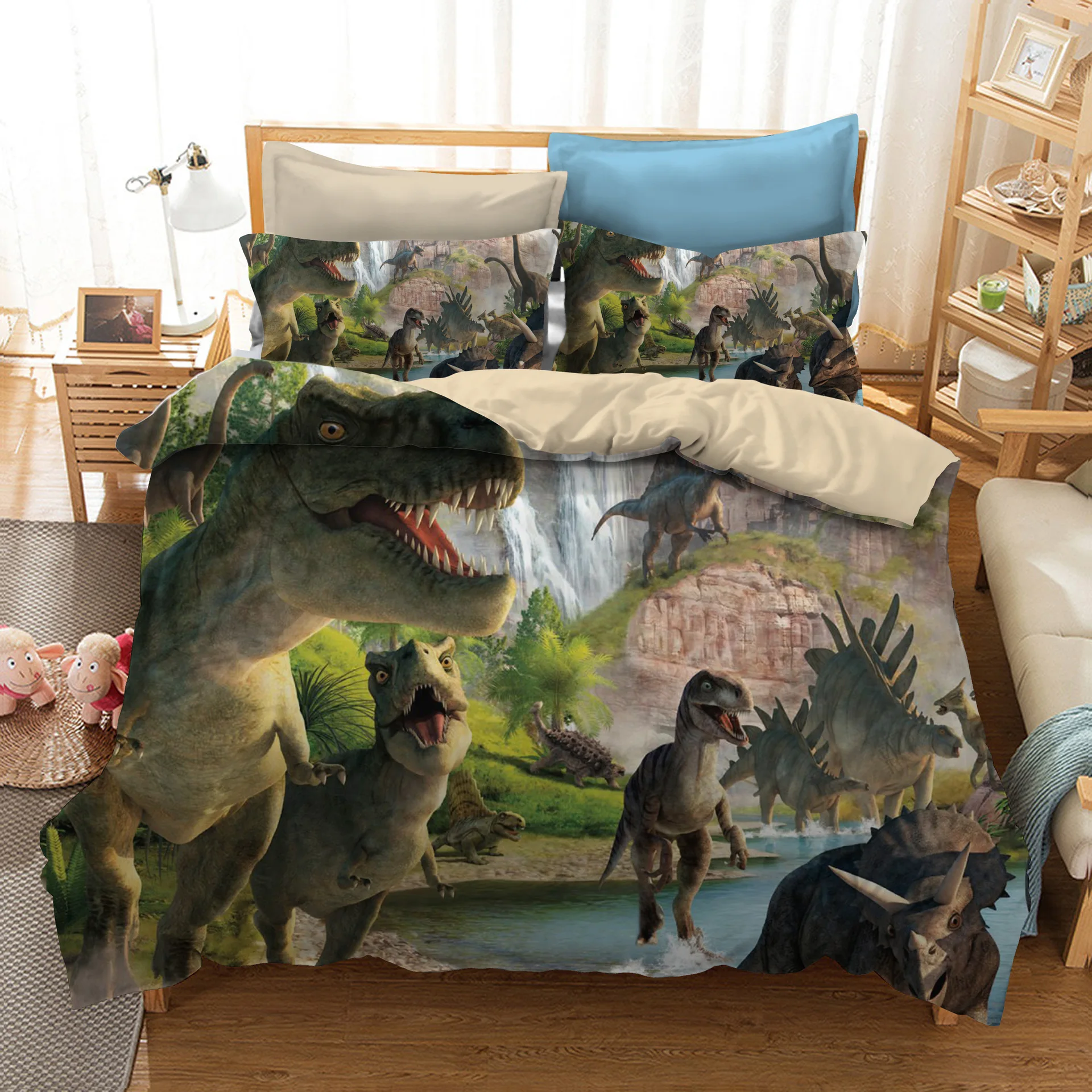 

3D Cartoon Dinosaur Bedding Set Animal Pattern Kids Bed Cover Set Duvet Cover with Pillowcases Comforter for Teens 3pcs Bed Set