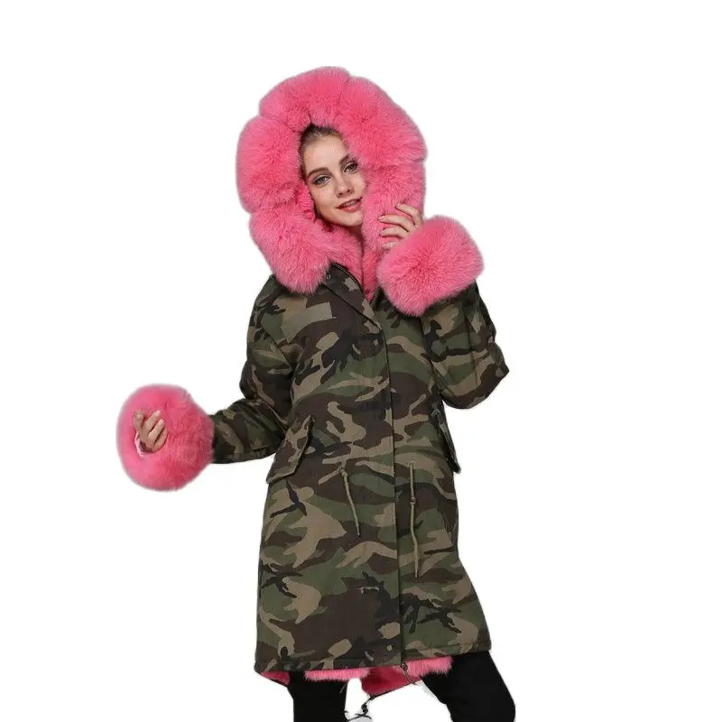 Top Quality Mhnkro Camouflage Russia Peach Fur Coat Fox Fur Collar/Cuffs/Border Long Length Hot Sale Ins Style