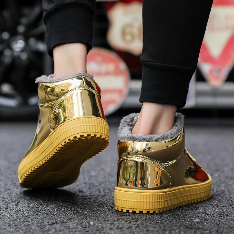 Warm Men Shoes Patent Leather Sneakers High Tops Gold Silver Hip Hop Boots Plush Winter Shoes Fashion Shoes Flats Size 47