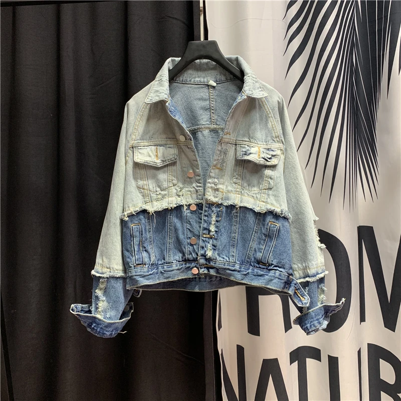 Jeans Jacket Woman Streetwear Female Loose Patch Ripped Holes Short Patchwork Vetement Femme Denim Coat Chaqueta Vaquera Mujer