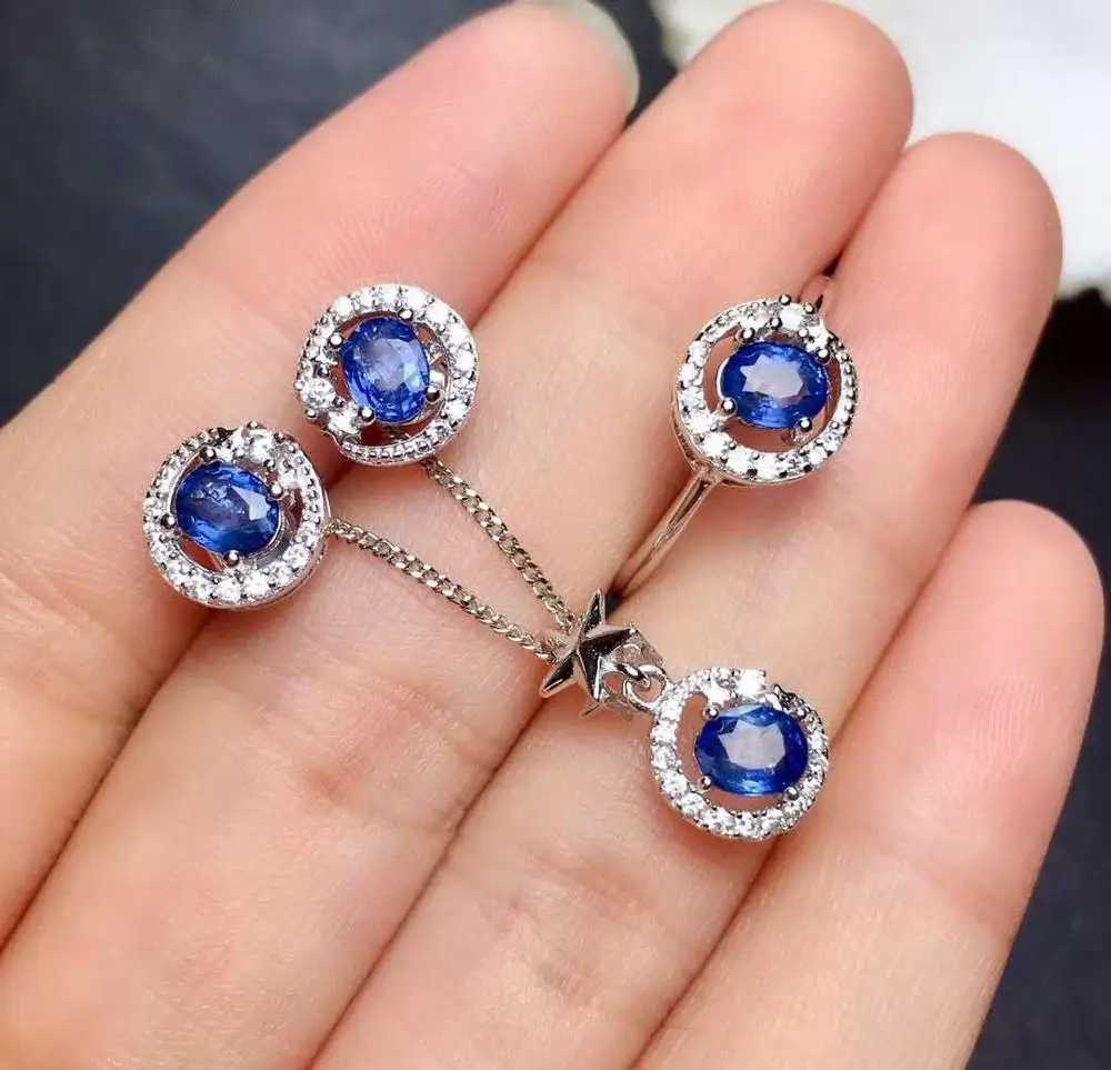

Real Natural Sapphire jewelry set Natural Real Sapphire 925 sterling silver 1pc pendant,1pc ring,2pcs Earring