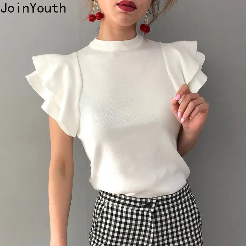 Joinyouth Summer Ruffles Blouses Tops Woman Korean Clothes Femme Chic Shirts Black White Tshirt Fashion Y2K T Shirt for Women