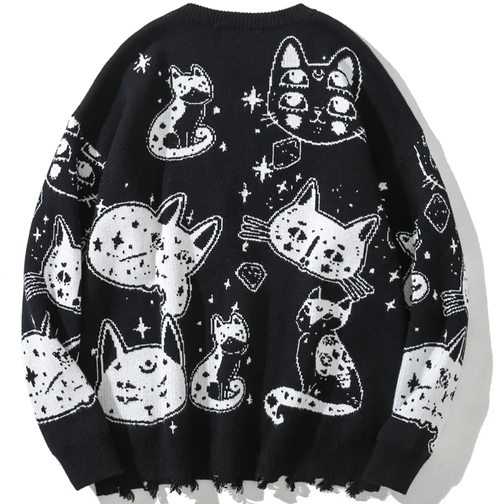 Aolamegs suéteres masculinos japoneses retrô fofos de gato o-pescoço jumpers estilo universitário avançado moda tops de malha soltos casuais