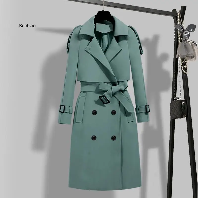 

New Autumn Winter Elegant Women Double Breasted Solid Trench Coat Vintage Turn-down Collar Warm Trench with Belt