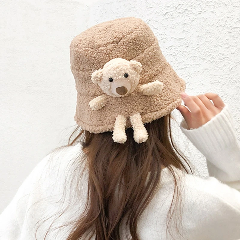 Women Winter Fluffy Plush Warm Bucket Hat Cute 3D Stuffed Teddy Bear Wide Brim Harajuku Outdoor Panama Fisherman Cap