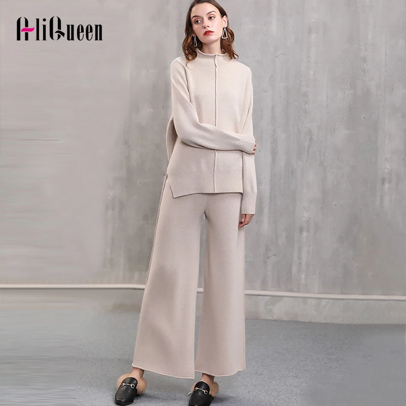 

Winter Black Casual Two Piece Set Women Thicken Knitted Loose Sweater Pullover Crop Top + Wide Leg Pants Set Suit Female Outfits