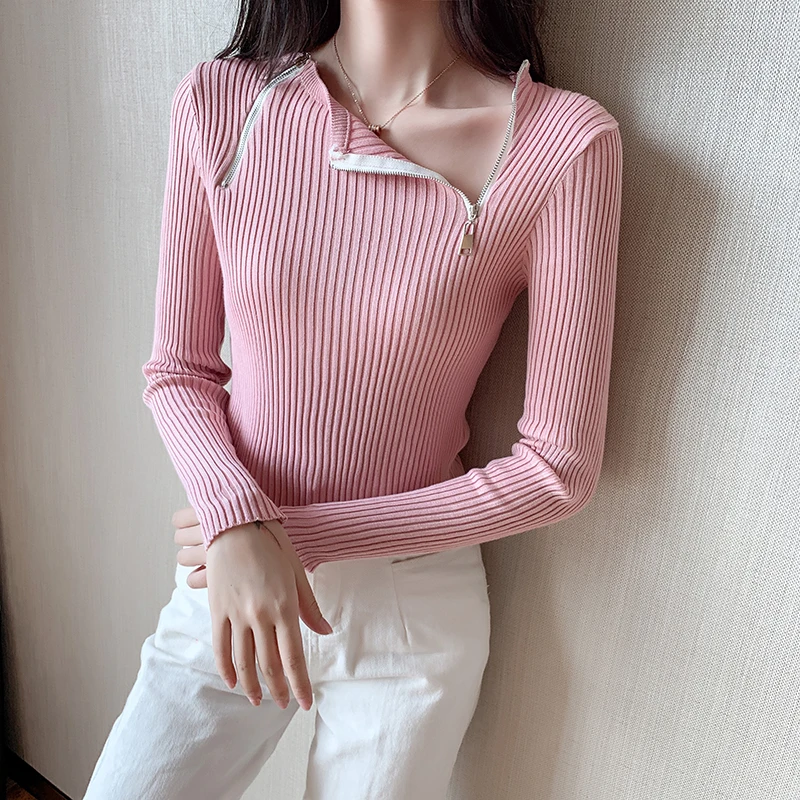 

Fashion Zipper Commuter Version Waist Slimming Knitted Sweater Slim Elegant Top