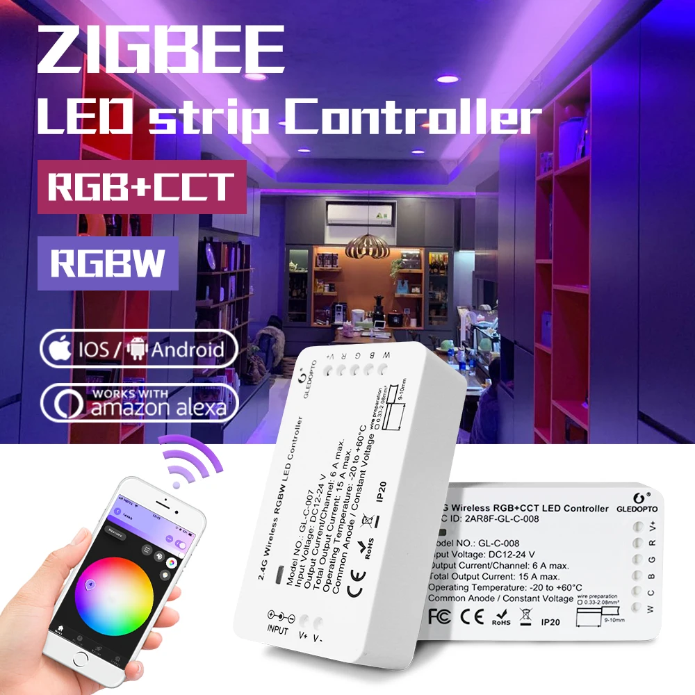 

Zigbee Smart LED Controller DC12-24V RGB+CCT/RGBW Voice Control Max 15a Work With Echo plus SmartThings ZIGBEE 3.0 HUB