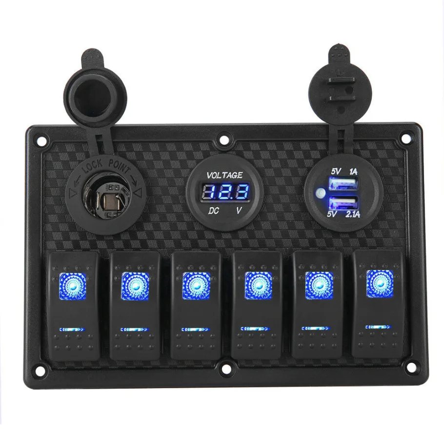 12/24V 6 Gang Marine Boat Switch Panel ON-OFF Rocker LED Voltage Display+5V 3.1A USB Charger+Cigarette Lighter Truck Boat Car