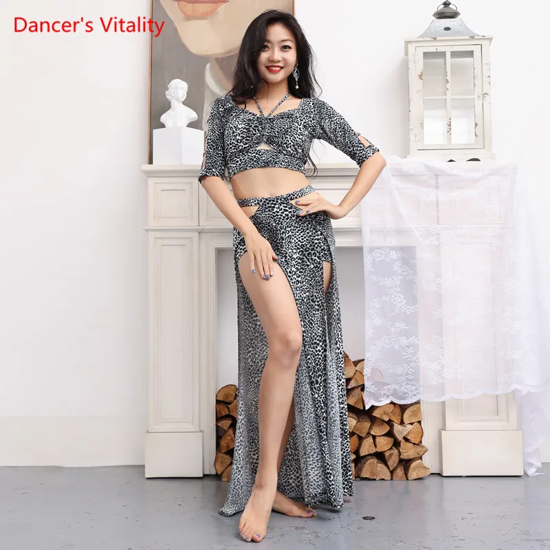 Belly Dance Suit Leopard Print Top Half Sleeve Long Skirt Practice Clothes Set Woman Elegant Performance Training Clothing