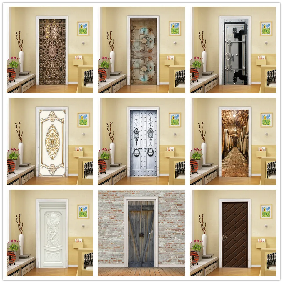 Iron Gate Pattern Wallpaper 3D PVC Door Sticker self-adhesive Autocollant de porte Home Design Decoration Poster Wood Door Mural