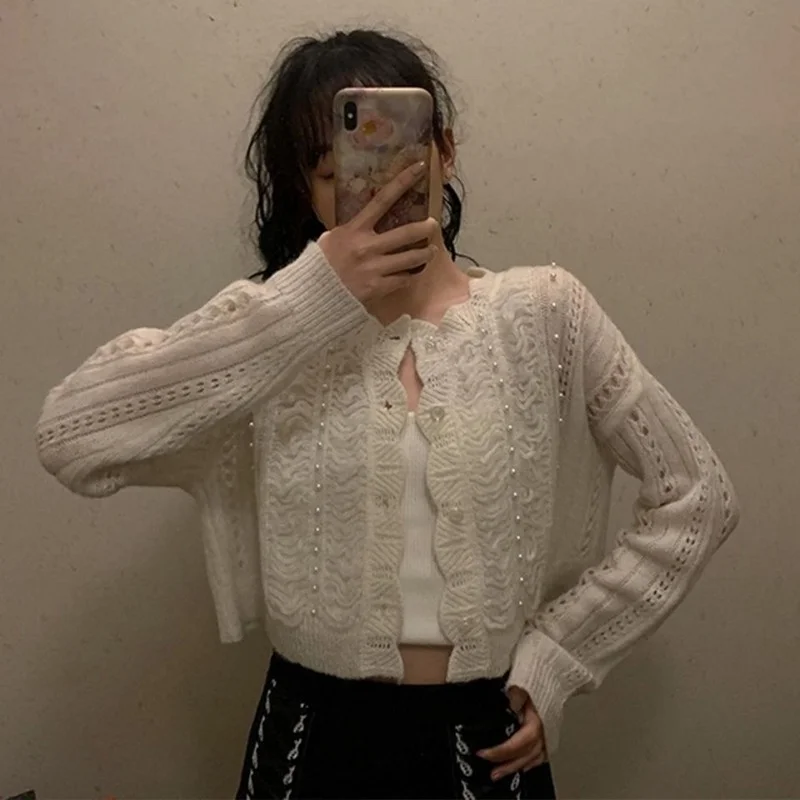 Cropped Cardigan Women Hollow Out Pure Color Soft Spring Design Students Korean Style Ladies Leisure Fashion Sweet Simple Cozy