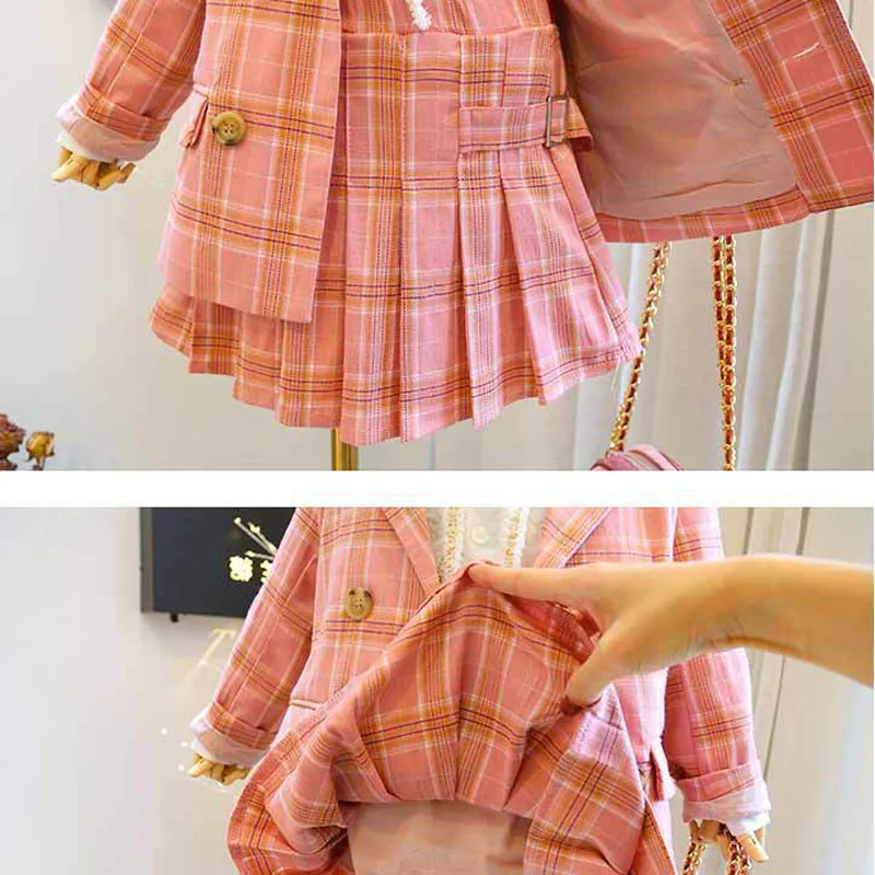 Spring Autumn New Girls\' Clothing Sets Students Plaid Suit Long-Sleeved Cardigan Jacket+Pleated Skirt Children Baby Kids Outfits