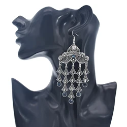 Vintage Metal Rhinestone Long Tassel Hanging Earrings for Women Boho Indian Jhumka Big Statement Earring Kolczyki Gift Party