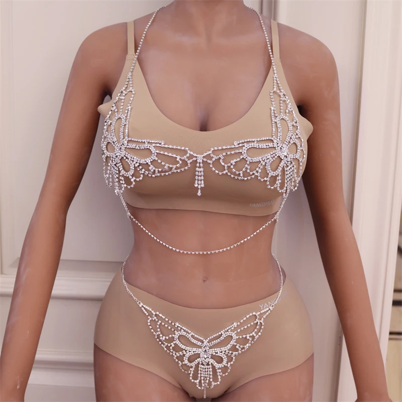 

2021 Luxury Butterfly Crytal Bikini Body Chain Harness for Women Sexy Lingerie Chain Bling Rhinestone Bra and Thong Set Jewelry