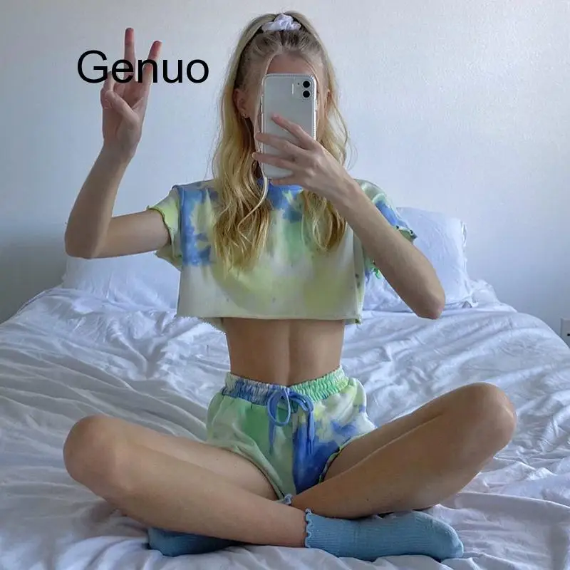 Tie Dye Print Tracksuit Two Piece Set Women Short Sleeves Tshirt And High Waist Shorts Jogging Sets Femme Lounge Wear