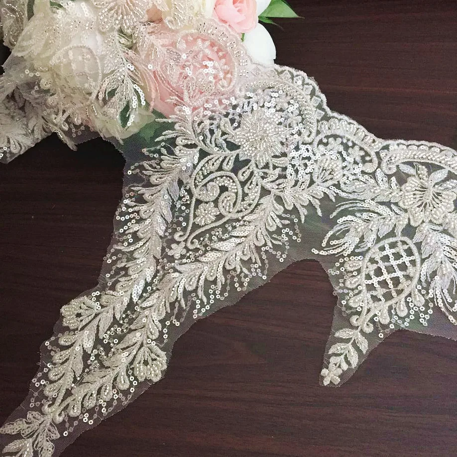 Silver Beaded Lace Trim, Wedding Dress Accessories, DIY Decorative Fabrics, High-end, Silver, New, RS2910