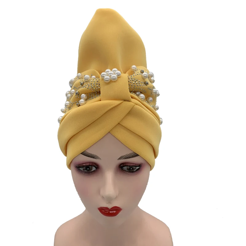 Mais recente design africano autogele headtie muçulmano turbante caps com pérolas headwrap para festa de casamento feminino boné