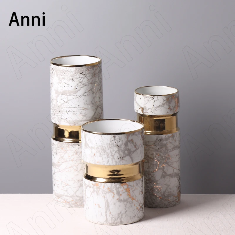 Creativity Bamboo Ceramic Flower Vase Nordic Modern Golden Stroke Wide Bore Countertop Vases Golden Marble Texture Plant Pots