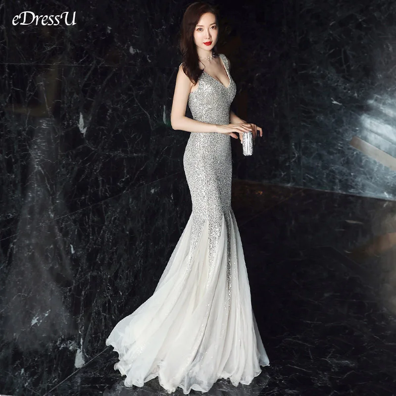 เซ็กซี่ Mermaid ชุดราตรีลึก V คอเลื่อมชุดยาว Vestido de Fiesta Robe Ruffules อย่างเป็นทางการ YNY-16538 #