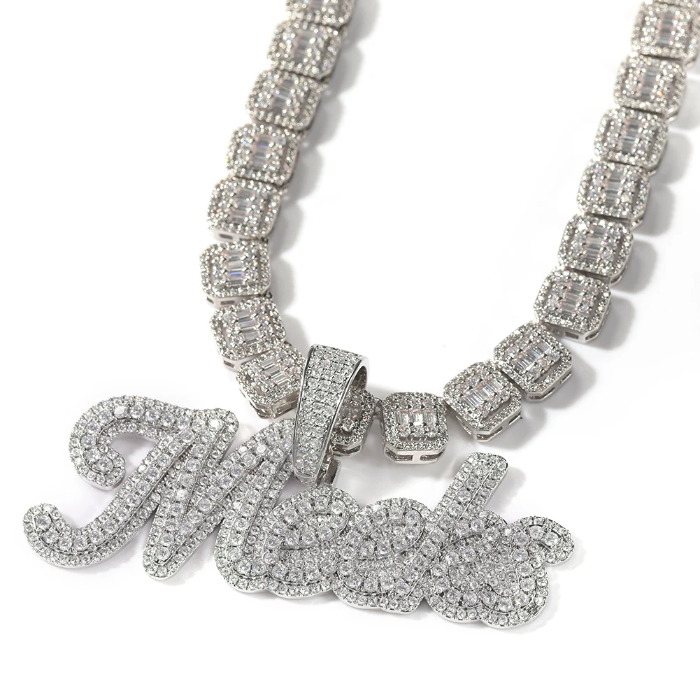 Uwin Csutom Cursive Letter With Baguette Chain Iced Out Name Necklace Chain Cubic Zirconia Fashion Hiphop Jewelry