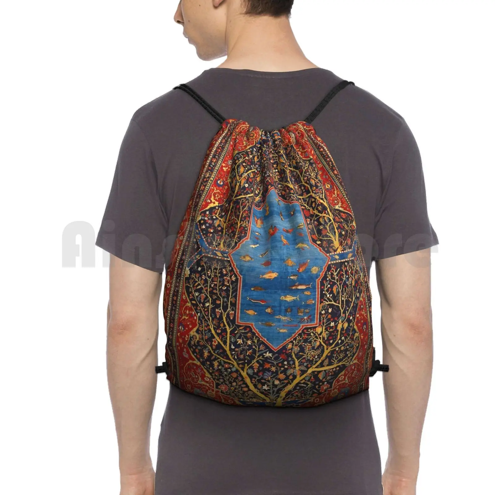 

Sarouk Fereghan Persian Carpet Print Backpack Drawstring Bag Riding Climbing Gym Bag Rug Carpet Persian Ethnic Vintage