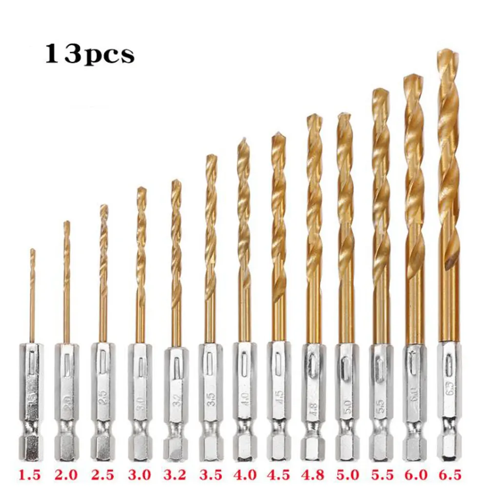 13 PCS High Speed Steel Titanium Coated Drill Bit Set 1/4 Hexagonal Shank 1.5mm-6.5mm Hexagonal Shank Twist Drill