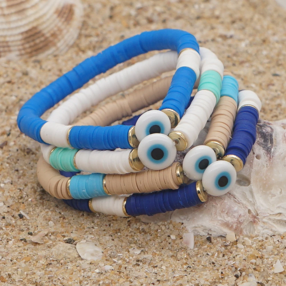 Go2Boho 2023 Turkish Eye Bracelet Polymer Clay Beads Greek Lucky Eye Braclets Heishi Bracelets For Women Beach Jewelry