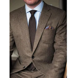 Brown Herringbone Tweed Casual Men Suits for Winter 2 Piece Wedding Groomsmen Tuxedo Male Suit Jacket with Pants New Fashion