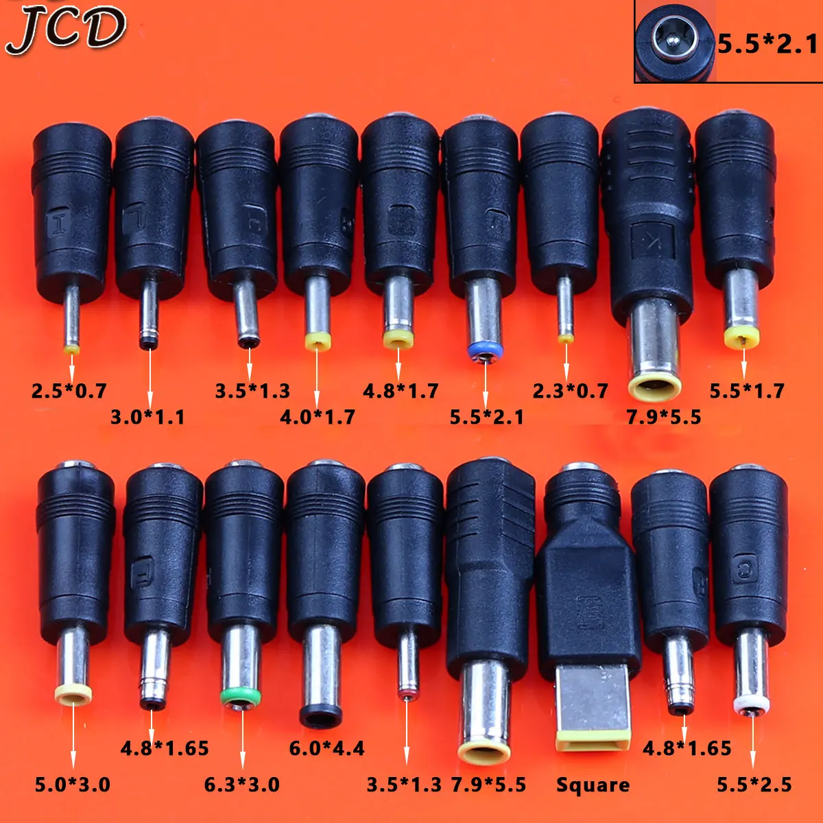 JCD DC wtyczka zasilania 5.5*2.1mm żeński do 2.5x0.7 4.0x1.7 5.5x2.1 5.0x3.0 4.8x1.65 7.9x5.5mm męski zasilacz łącze typu Jack prądu stałego