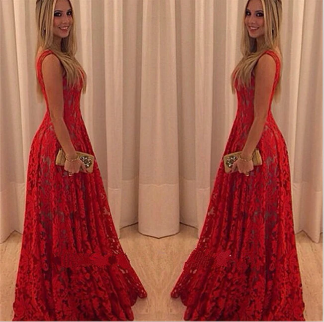 Vestido de noche de encaje rojo para baile de graduación, traje sexy sin mangas, largo y elegante para fiesta de quinceañera, 15 años