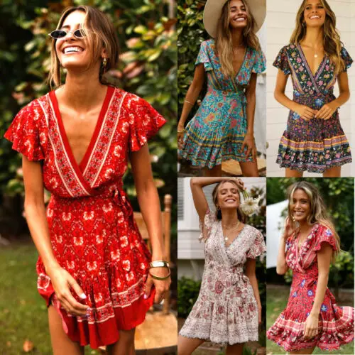 

VS&LLWQ Women Vintage Short Sleeve Print Dress Vneck Short Sleeve Boho Floral Mini Dresses Female Summer Holiday Casual Sundress