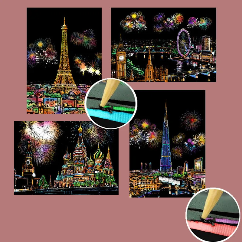 21*29cm 4PC Architecture Night Scene Scratch Paintings Card European Building city Adults decompression Creative Drawing Toys