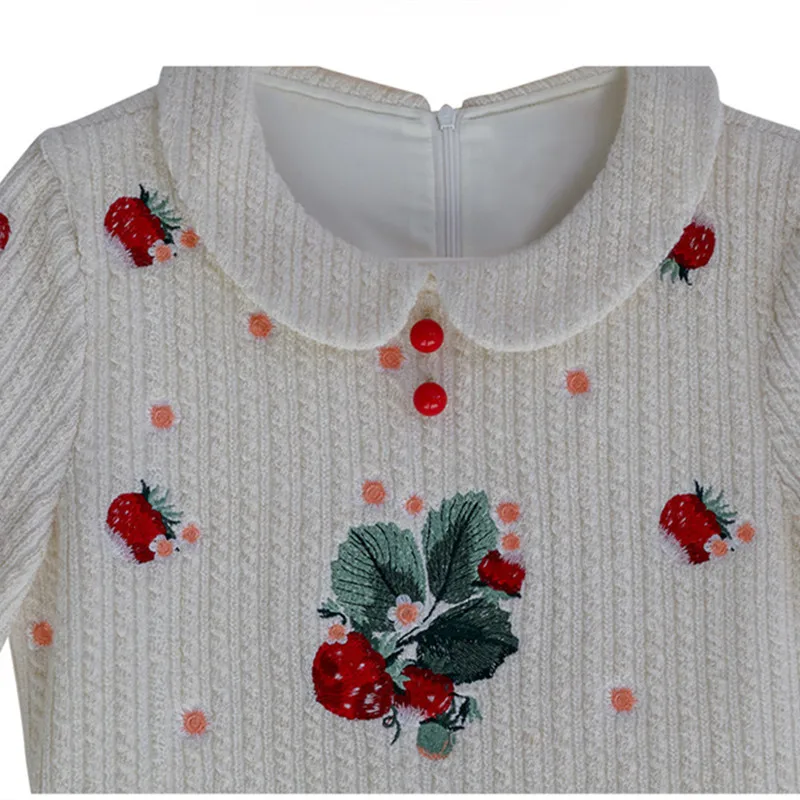 Original Design AIGYPTOS Spring Autumn Winter Women Vintage Elegant Dresses Sweet Strawberry Embroidery 100%Cotton Knitted Dress