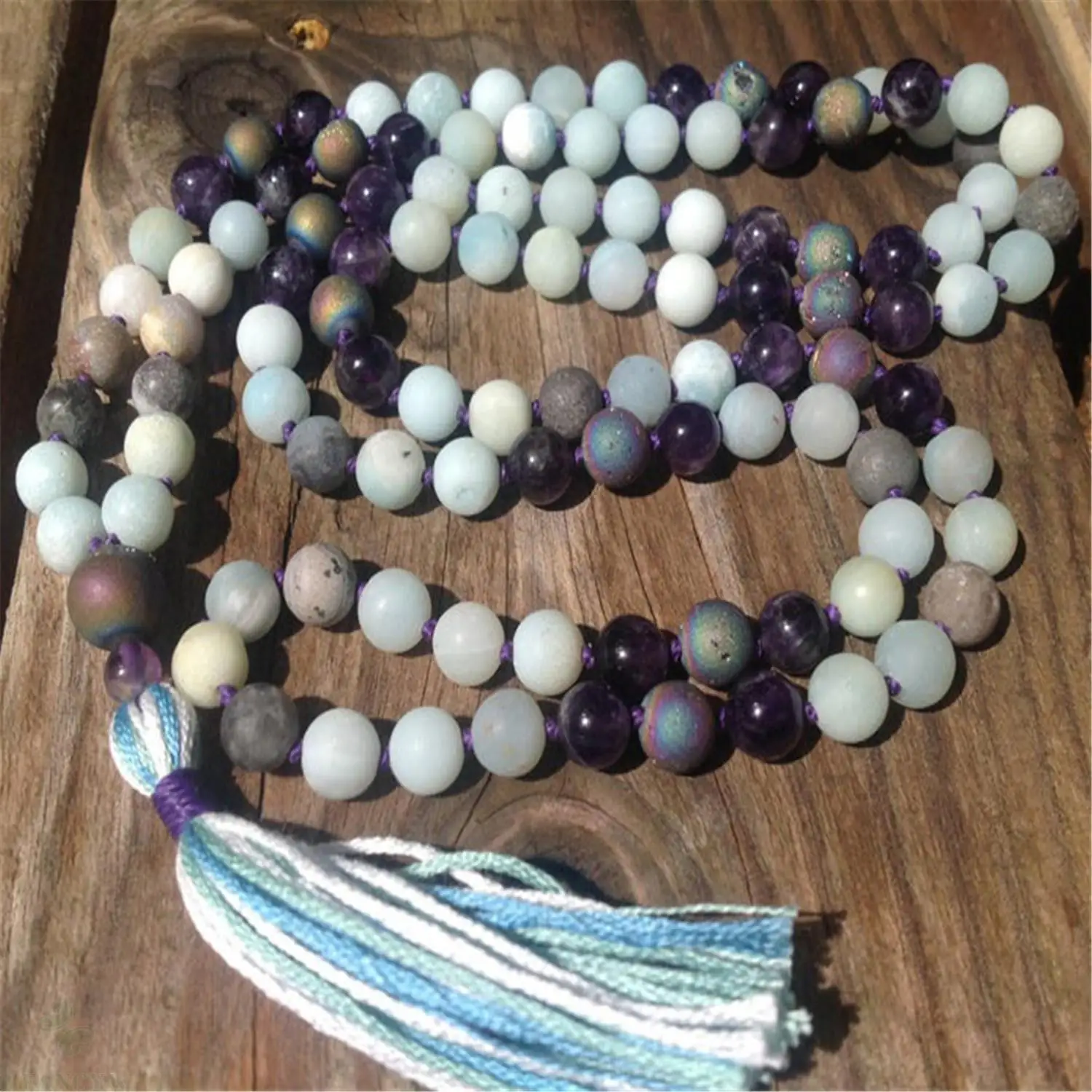 

8mm Frosted Amazonite Amethyst Gemstone 108 Beads Mala Necklace Prayer Mala Yoga Chakra Religious Japa Yoga Mala Spirituality