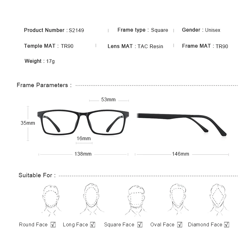 PROJETO DE MERRY-Ímã Polarizado Clip Glasses Frame para Homens e Mulheres, Óculos Quadrados, TR90, S2149, 5 em 1