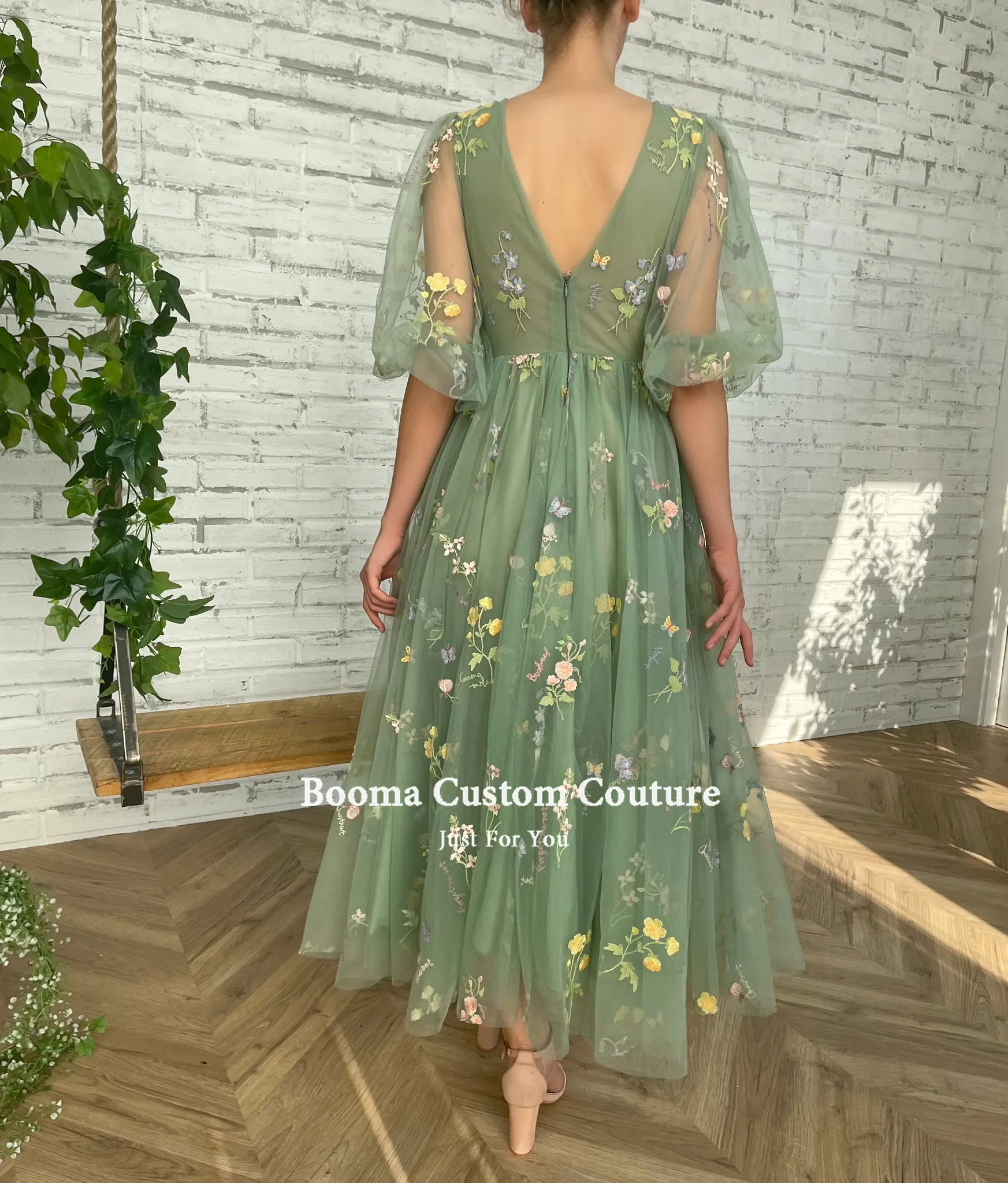 Booma Green Embroidery Lace Midi Prom Dresses Deep V-Neck Half Sleeves Tea-Length Tulle Wedding Party Dresses Formal Gowns 2022