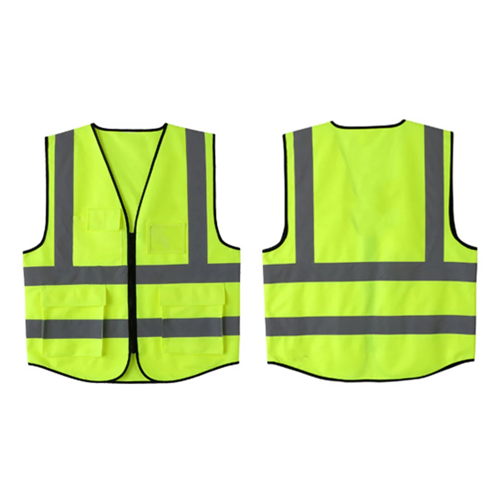 Visibilitas Tinggi Keselamatan Rompi Reflektif Kain Peringatan Rompi Neon Workwear dengan Saku Jaket Motor Pakaian