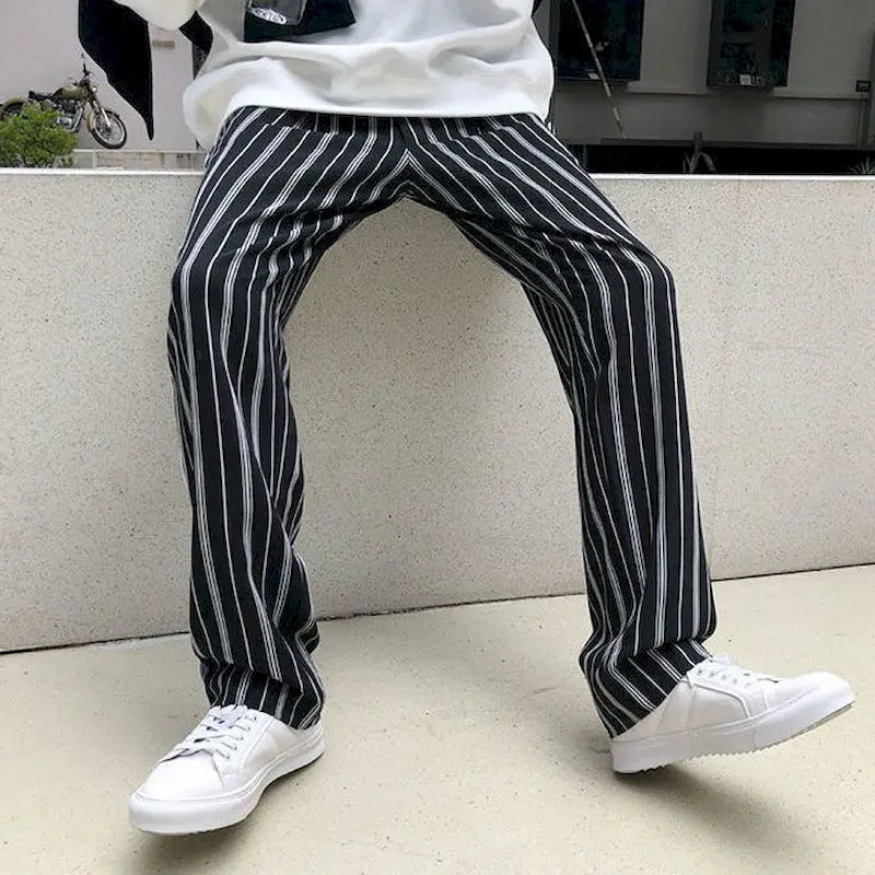 Fonekie Straight Pants Men Vertical Stripe Loose Hanging Feeling Korean Casual Trousers Handsome Trend Fashion Street Wear Pants